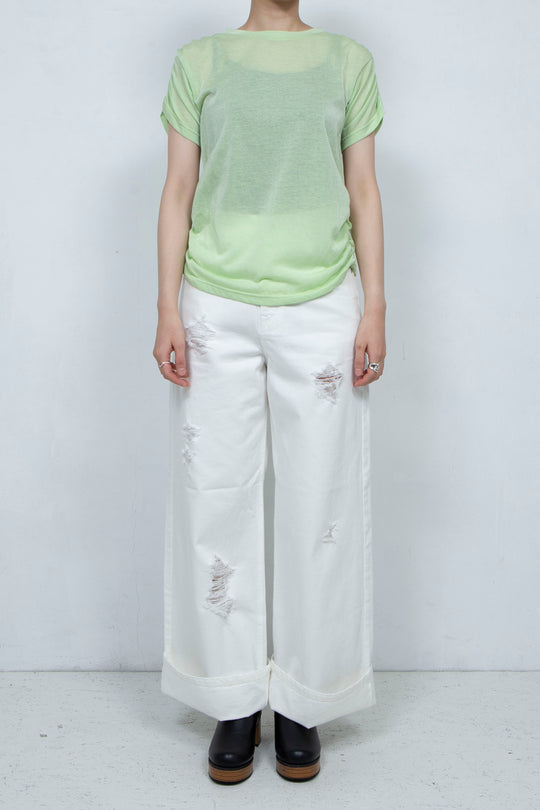 See-through Gathered T-shirt Lime Green