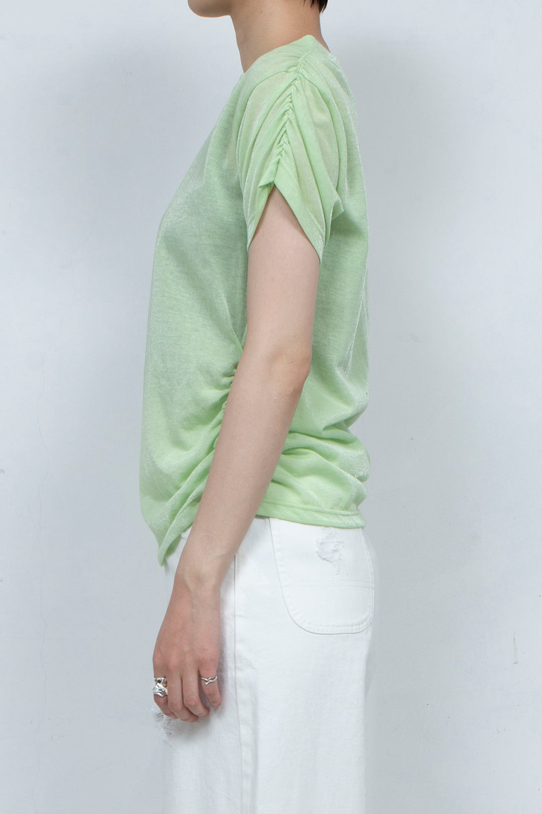 See-through Gathered T-shirt Lime Green