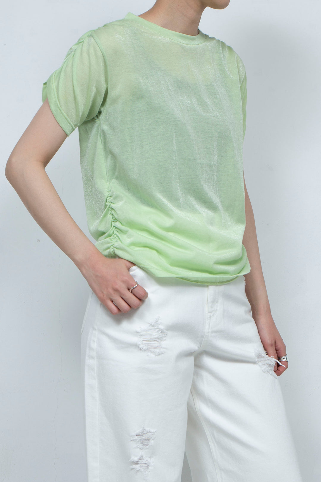 See-through Gathered T-shirt Lime Green