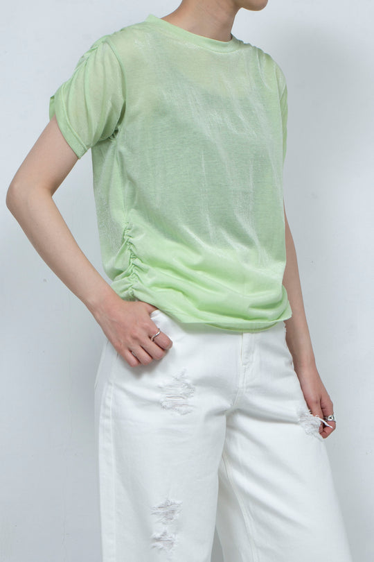 See-through Gathered T-shirt Lime Green