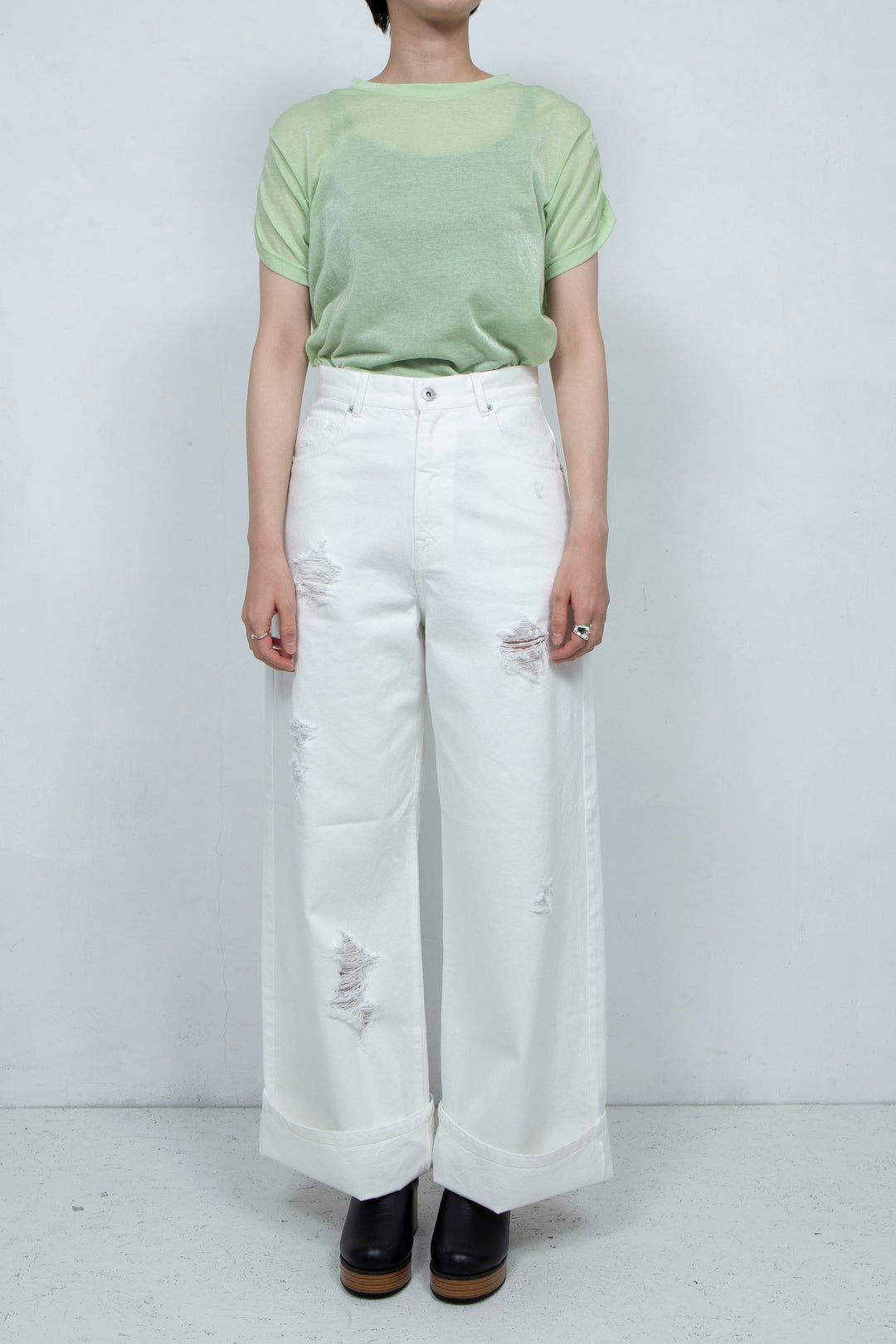 See-through Gathered T-shirt Lime Green
