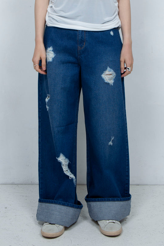 Crushed Denim Pants Blue