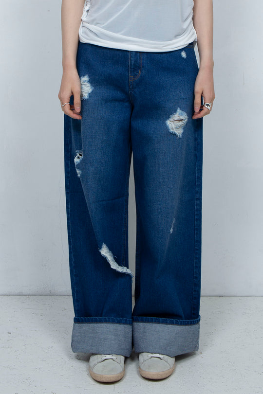Crushed Denim Pants Blue