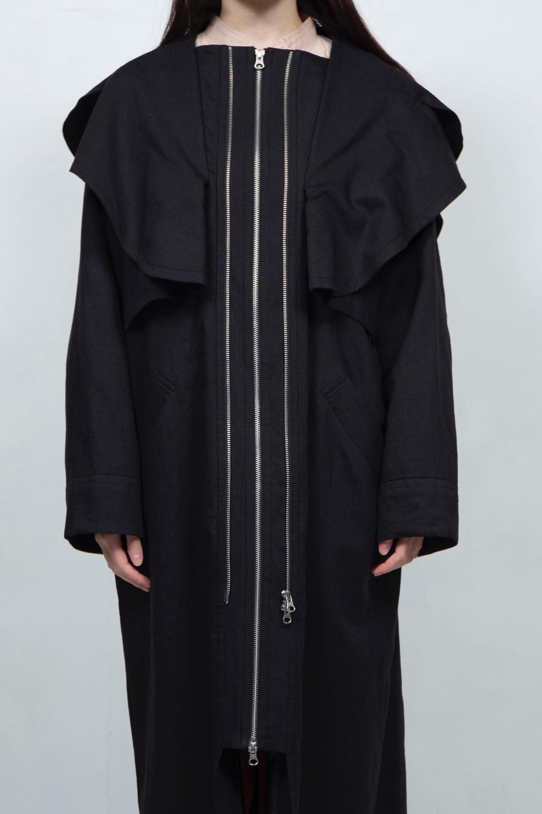 GHOST PARTY / linen & cotton layered coat Black