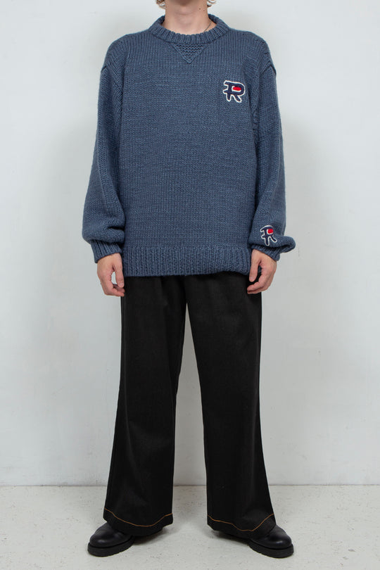 Hand Knit Plain Sweater STEEL BLUE