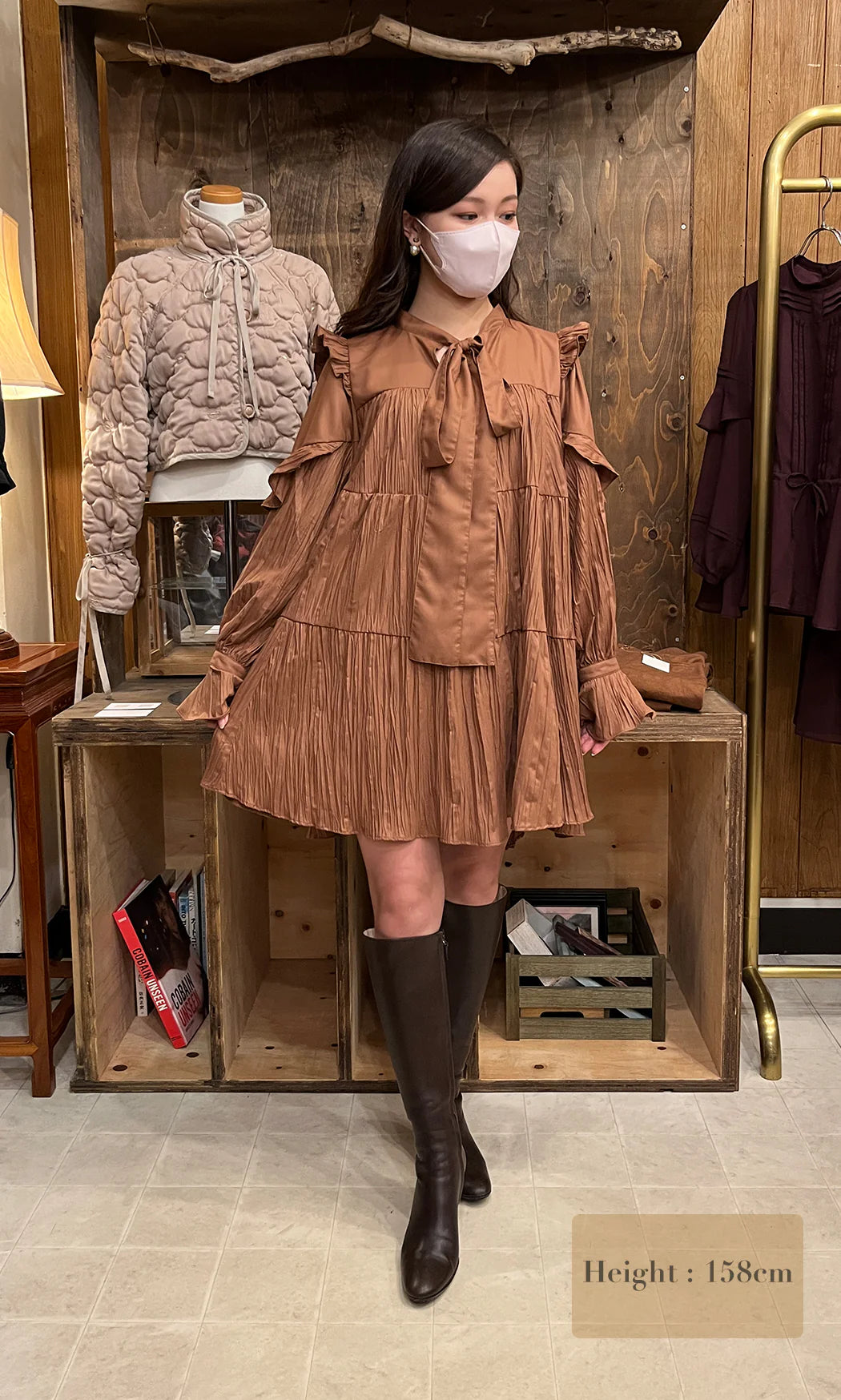 ritsu Ribbon tie crinkled mini dresscharcoal brown