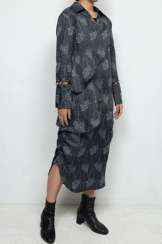 Flower Satin Long Sleeve Dress GRAY