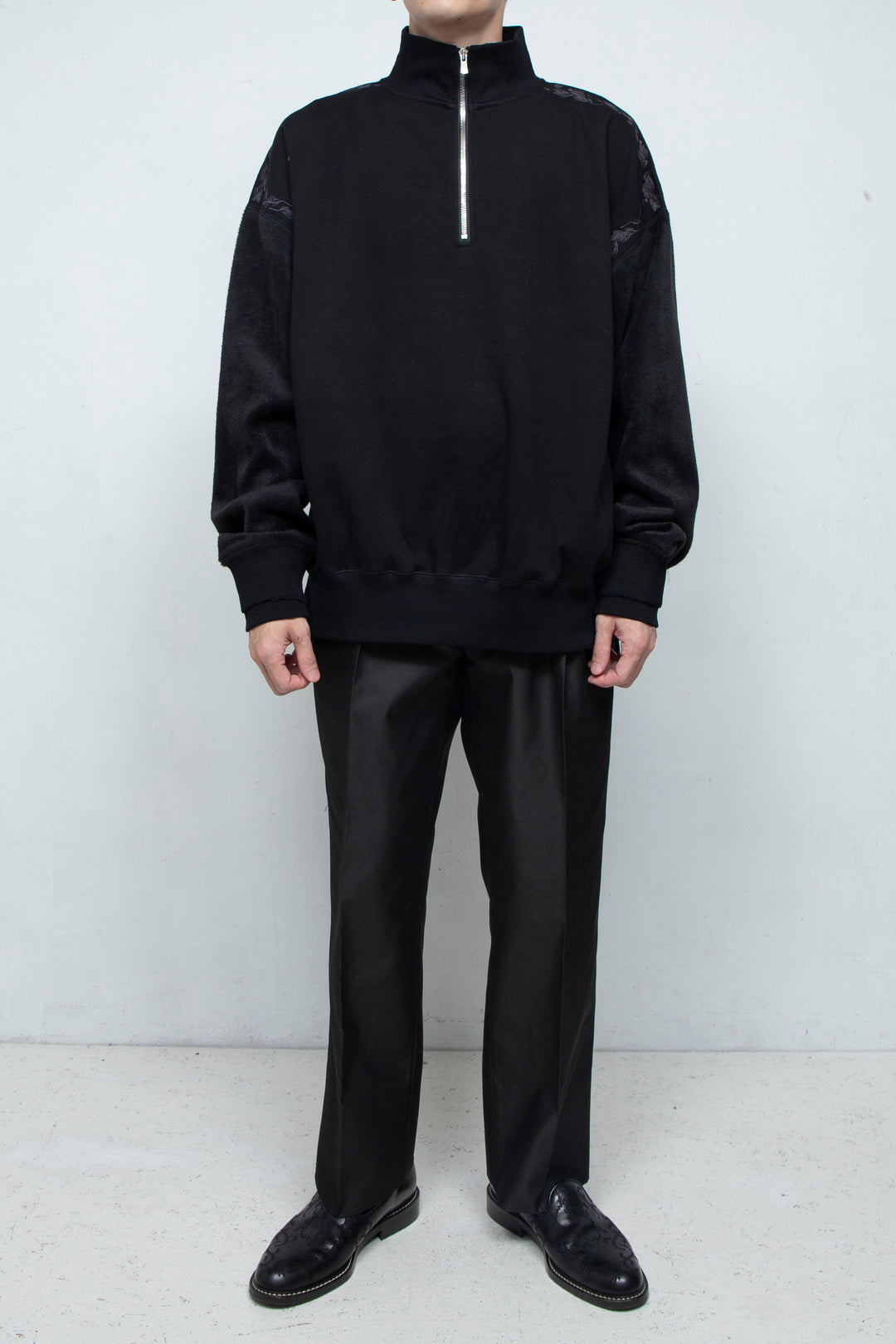 "PINE" Shaggy Pile Paneling Half Zip Sweat BLACK