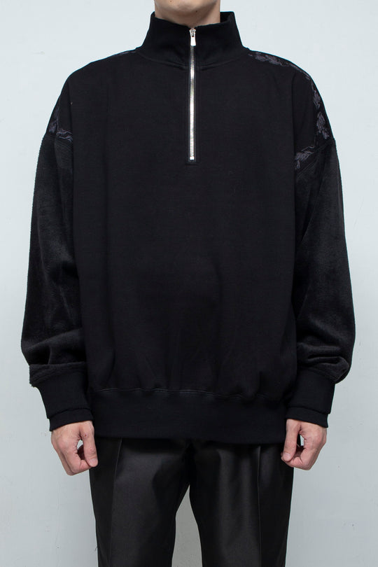 "PINE" Shaggy Pile Paneling Half Zip Sweat BLACK