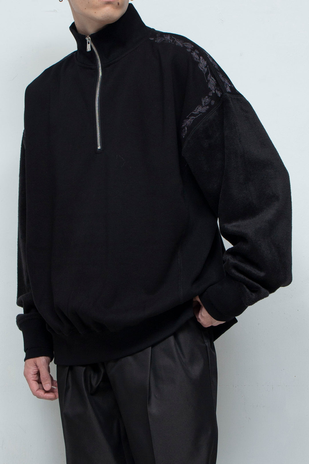 "PINE" Shaggy Pile Paneling Half Zip Sweat BLACK