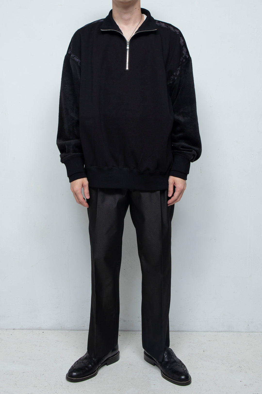 "PINE" Shaggy Pile Paneling Half Zip Sweat BLACK