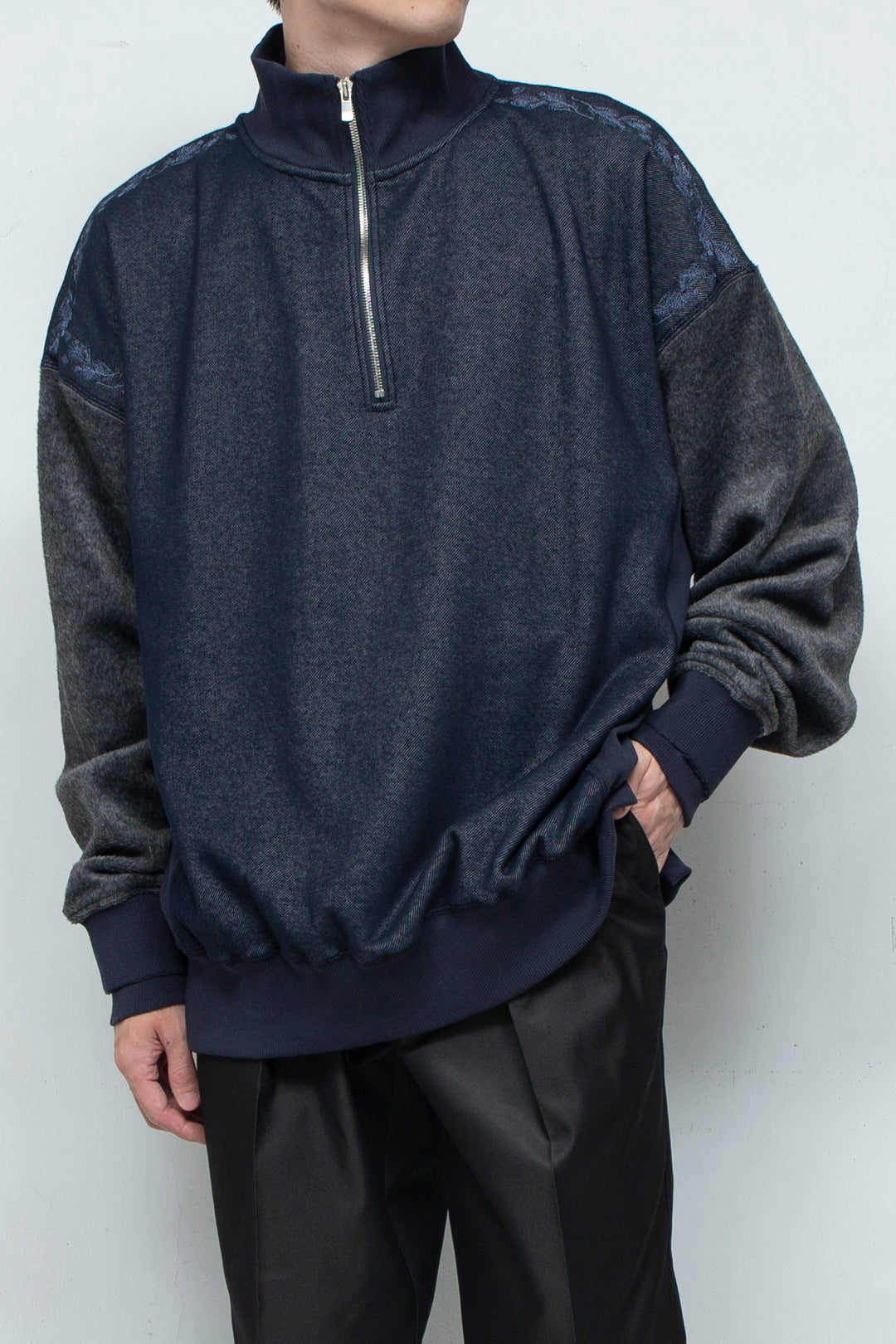 "PINE" Shaggy Pile Paneling Half Zip Sweat NAVY