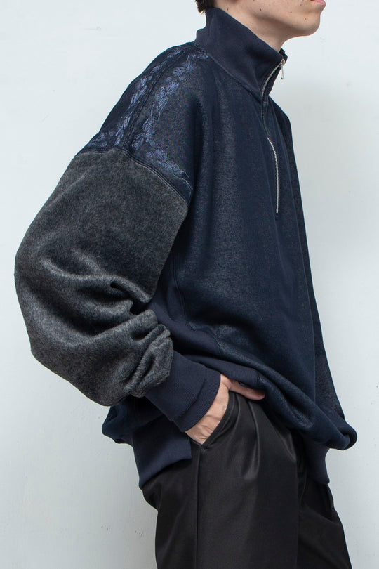 "PINE" Shaggy Pile Paneling Half Zip Sweat NAVY