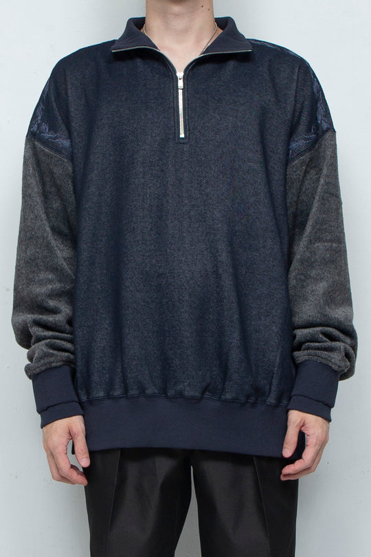 "PINE" Shaggy Pile Paneling Half Zip Sweat NAVY