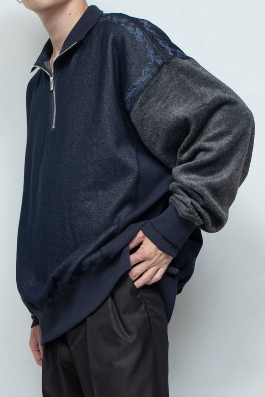 "PINE" Shaggy Pile Paneling Half Zip Sweat NAVY