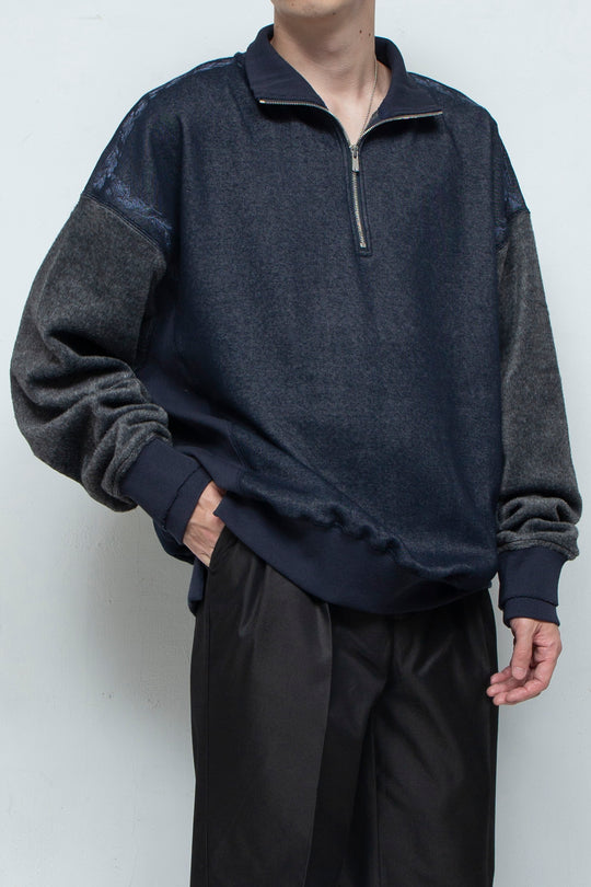 "PINE" Shaggy Pile Paneling Half Zip Sweat NAVY