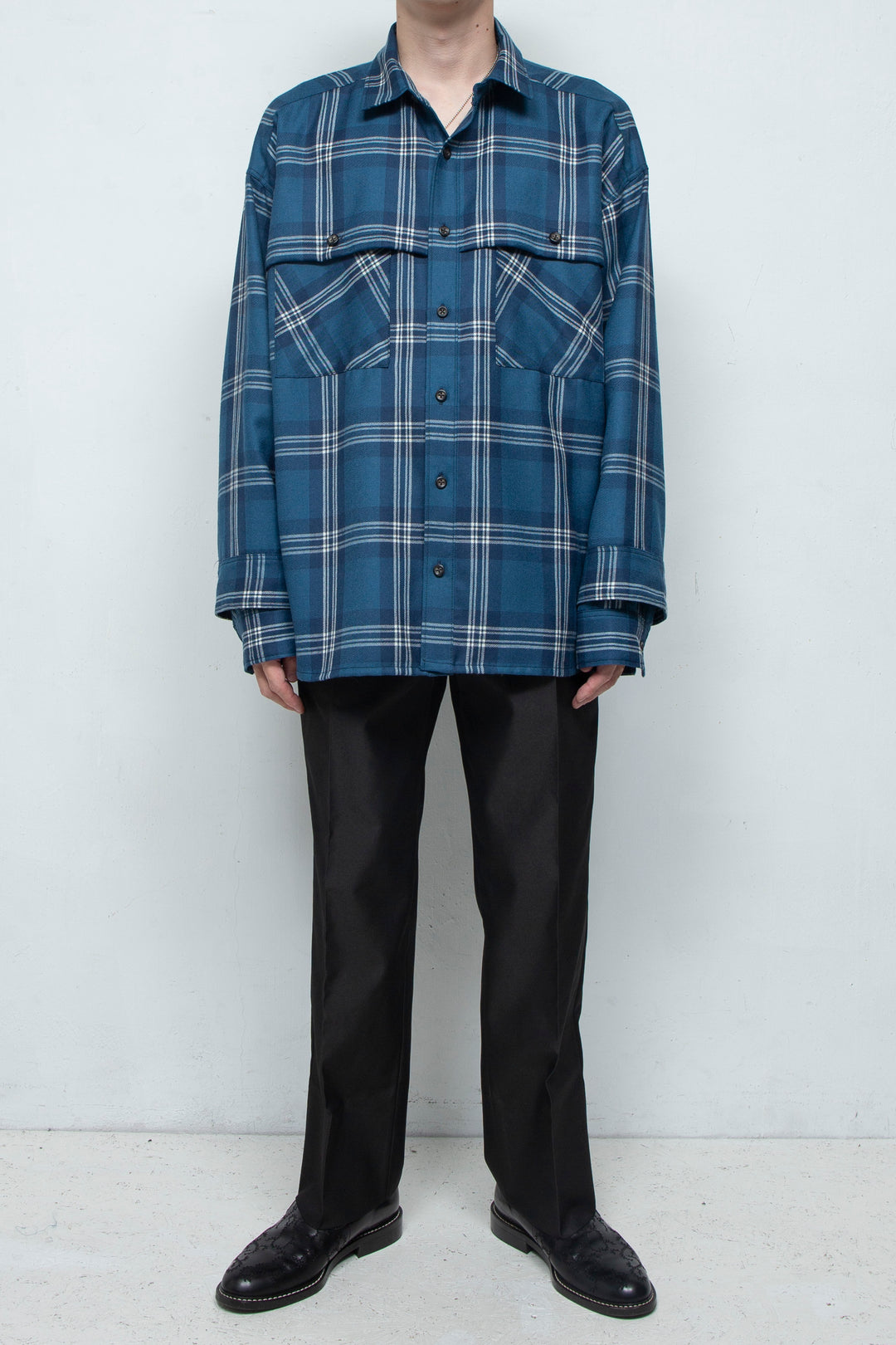 "RIO" Double Sleeve Wool Over Shirt BLUE CHECK