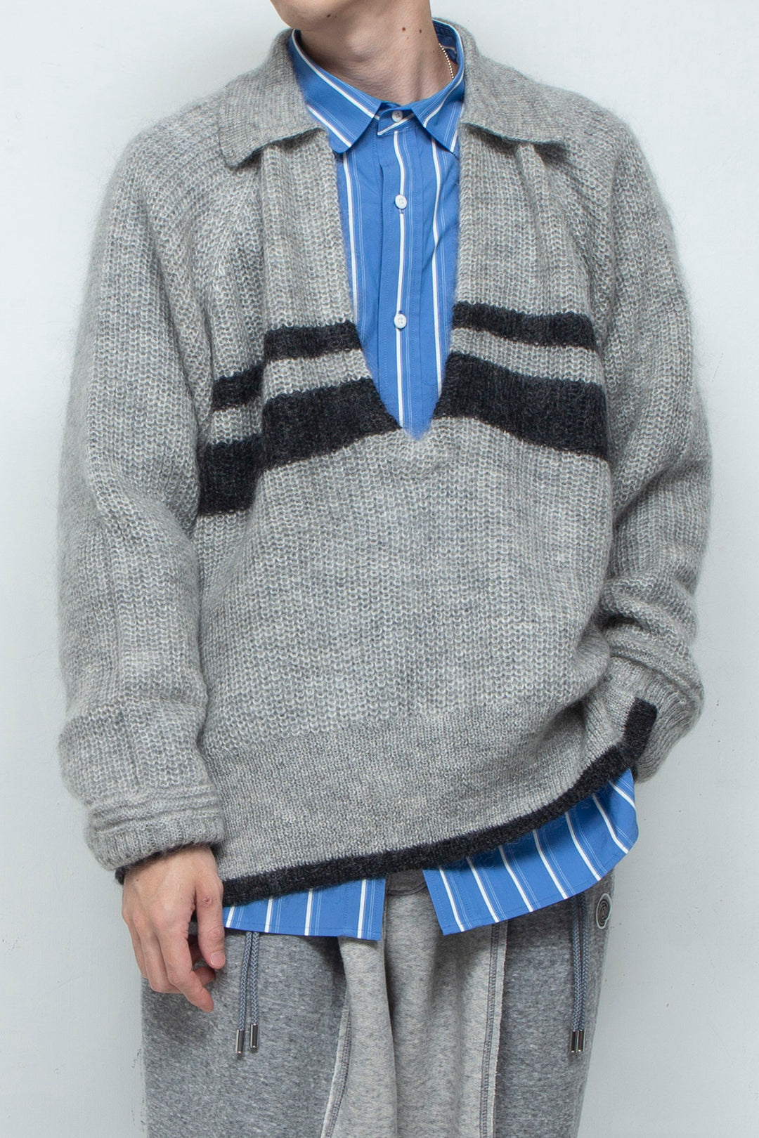 Kid Mohair Wool Border Skipper Polo Knit GREY