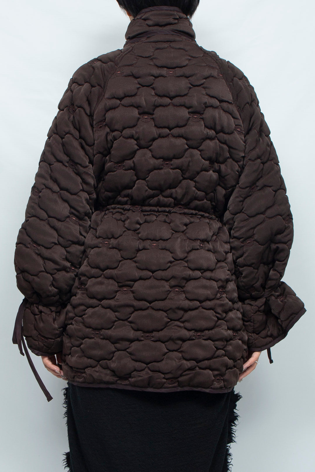 REMOVABLE 3D PRINTED BUTTON QUILTED SHELL JACKET DARK BROWN