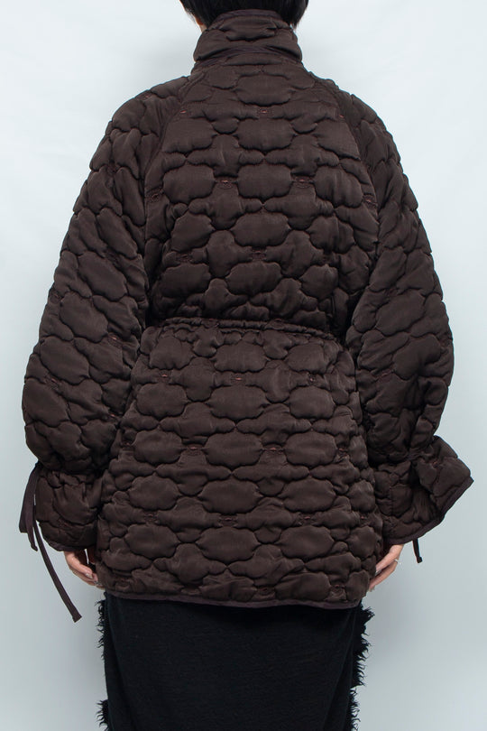 REMOVABLE 3D PRINTED BUTTON QUILTED SHELL JACKET DARK BROWN