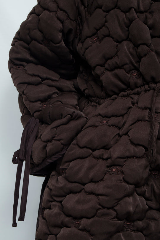 REMOVABLE 3D PRINTED BUTTON QUILTED SHELL JACKET DARK BROWN