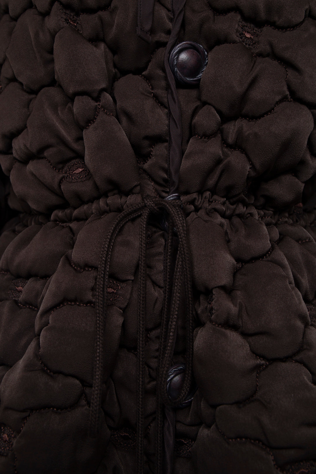 REMOVABLE 3D PRINTED BUTTON QUILTED SHELL JACKET DARK BROWN