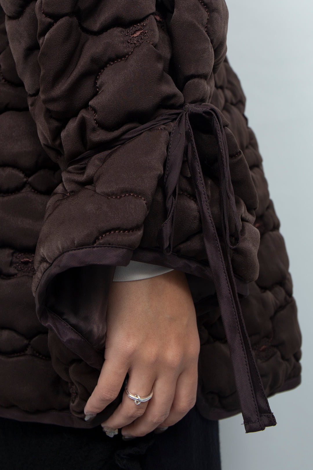 REMOVABLE 3D PRINTED BUTTON QUILTED SHELL JACKET DARK BROWN