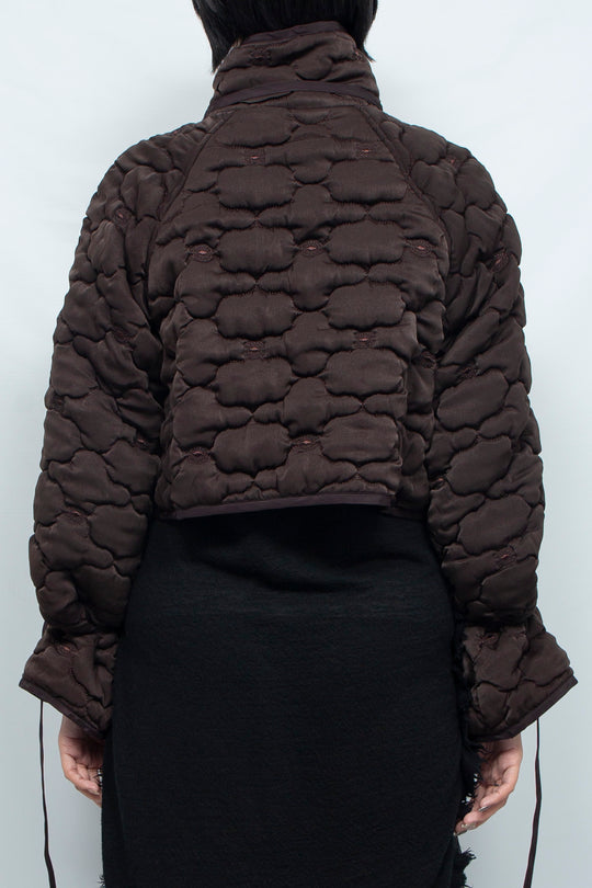 REMOVABLE 3D PRINTED BUTTON QUILTED SHELL SHORT JACKET DARK BROWN