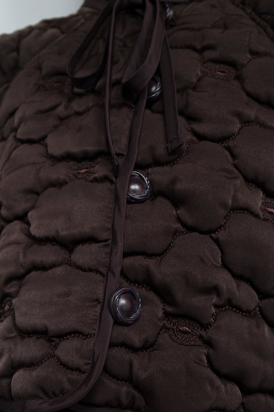 REMOVABLE 3D PRINTED BUTTON QUILTED SHELL SHORT JACKET DARK BROWN