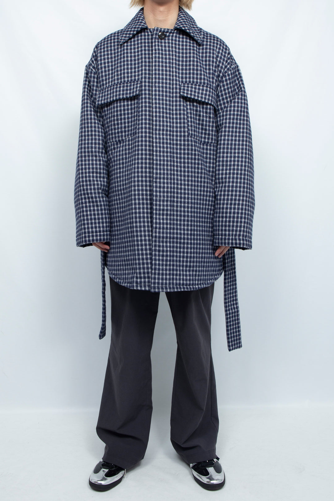 PADDED DRAWSTRING SHIRT JACKET NAVY CHECK