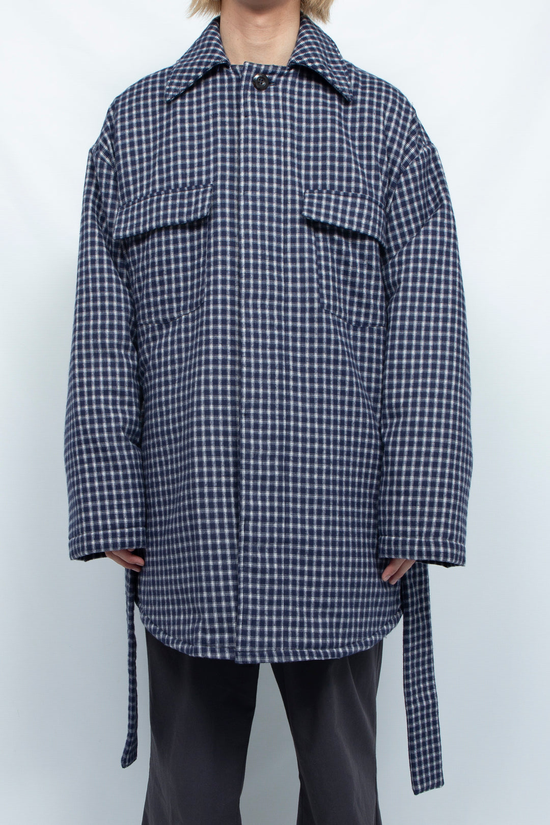 PADDED DRAWSTRING SHIRT JACKET NAVY CHECK