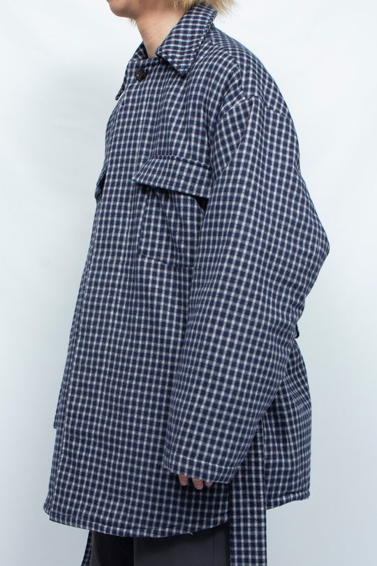 PADDED DRAWSTRING SHIRT JACKET NAVY CHECK