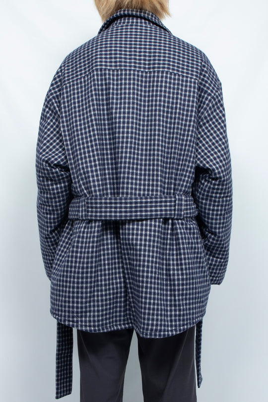 PADDED DRAWSTRING SHIRT JACKET NAVY CHECK