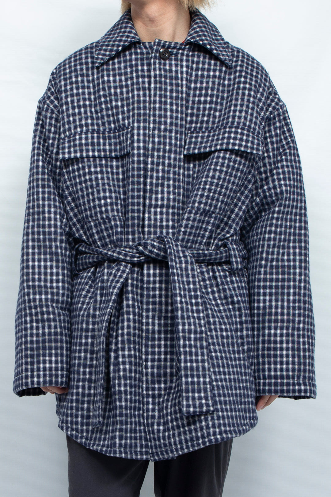 PADDED DRAWSTRING SHIRT JACKET NAVY CHECK