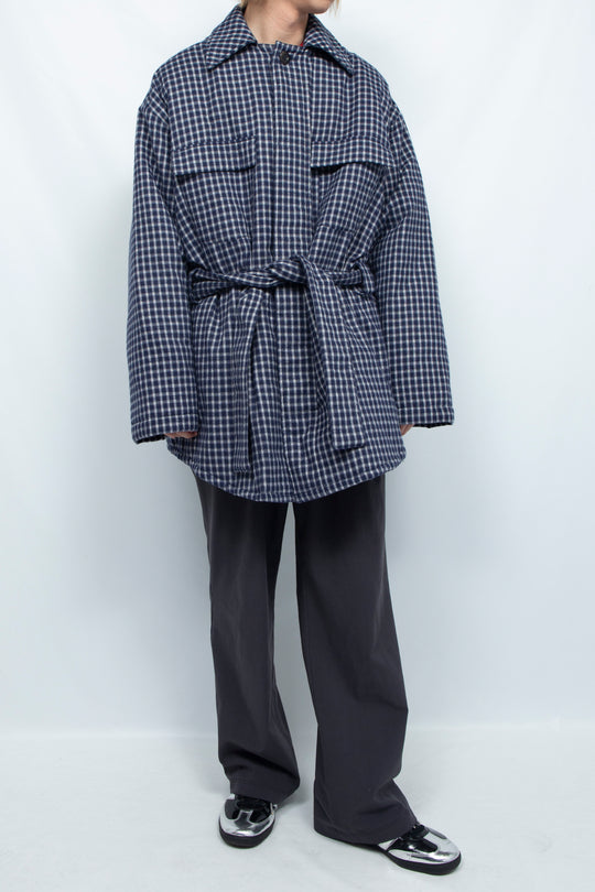 PADDED DRAWSTRING SHIRT JACKET NAVY CHECK