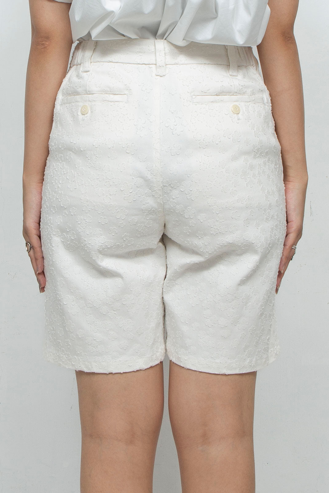 Flower print denim Short Pants white