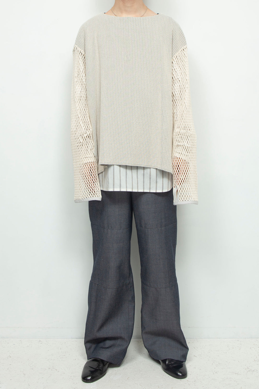 Faux layered boat neck pullover IVORY×OFFWHITE STRIPE