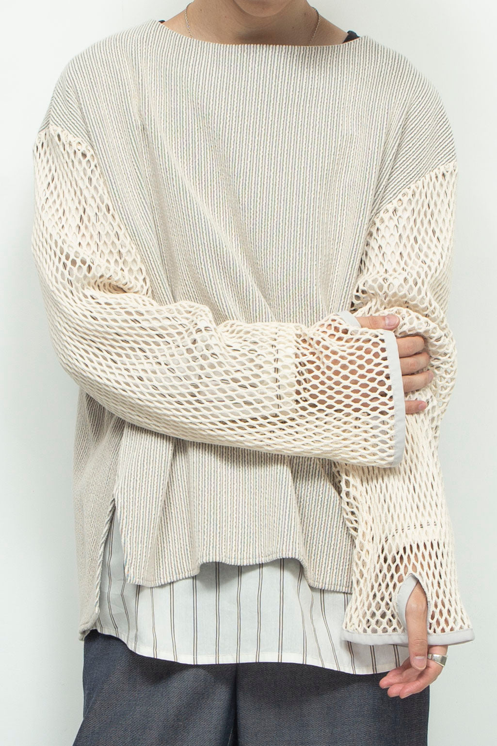 Faux layered boat neck pullover IVORY×OFFWHITE STRIPE