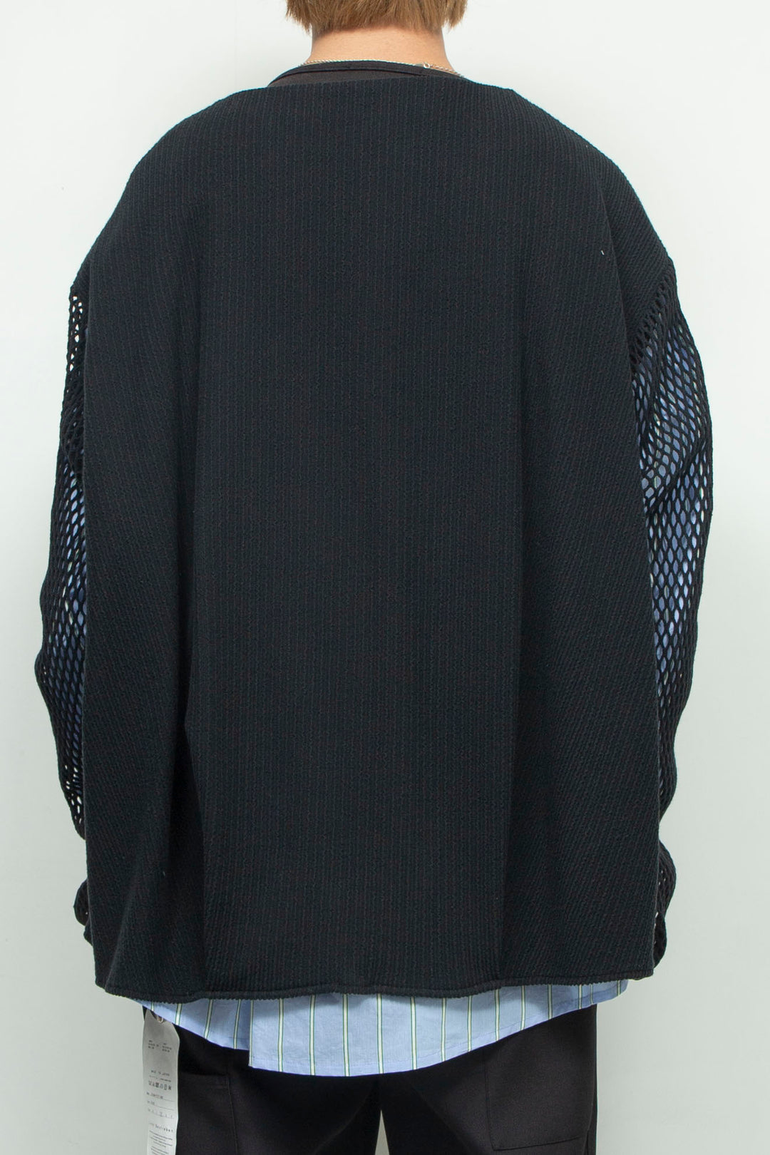 Faux layered boat neck pullover BLACK×SAX STRIPE