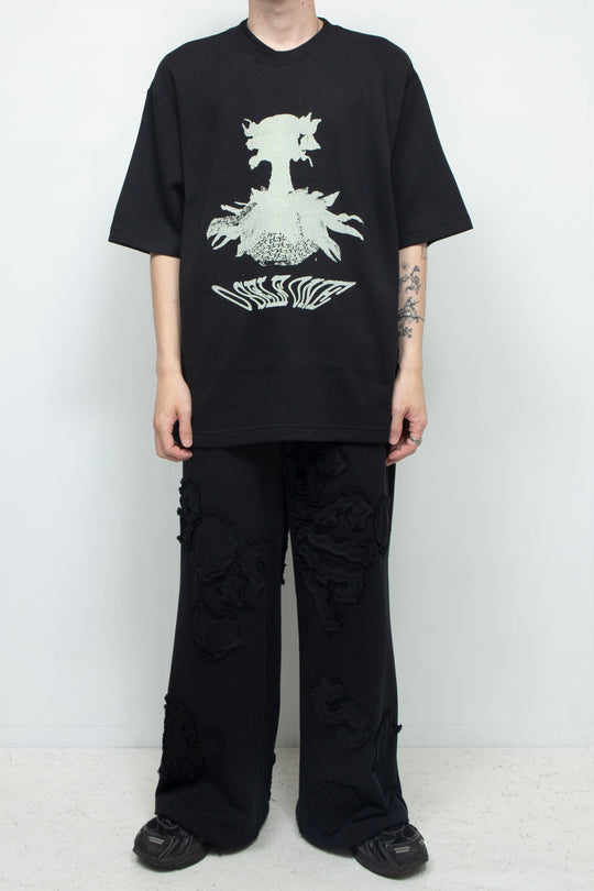 Human face flower print T-shirt BLACK