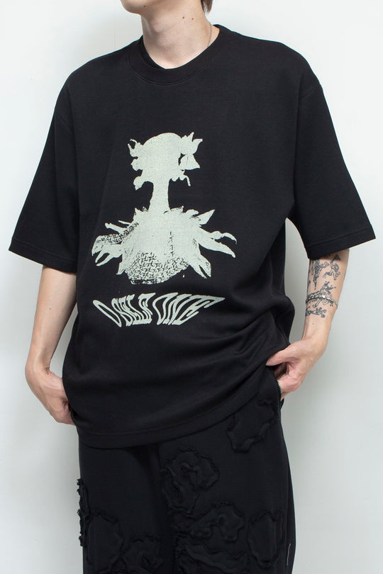 Human face flower print T-shirt BLACK