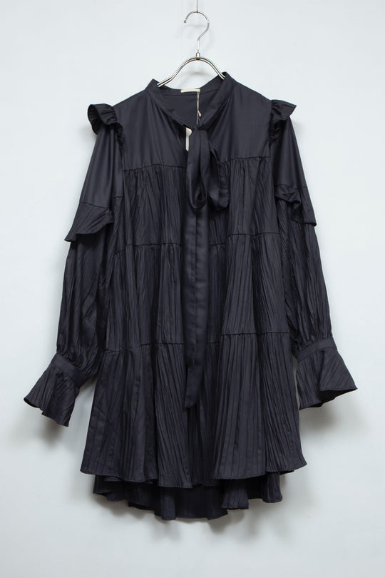 ritsu Ribbon tie crinkled mini dresscharcoal gray