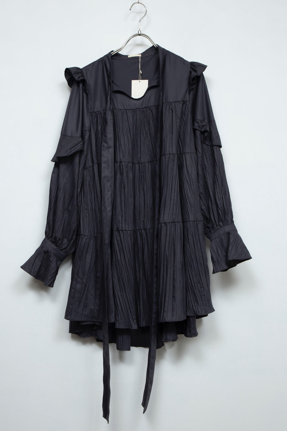 ritsu Ribbon tie crinkled mini dresscharcoal gray