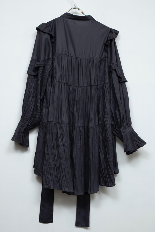 ritsu Ribbon tie crinkled mini dresscharcoal gray