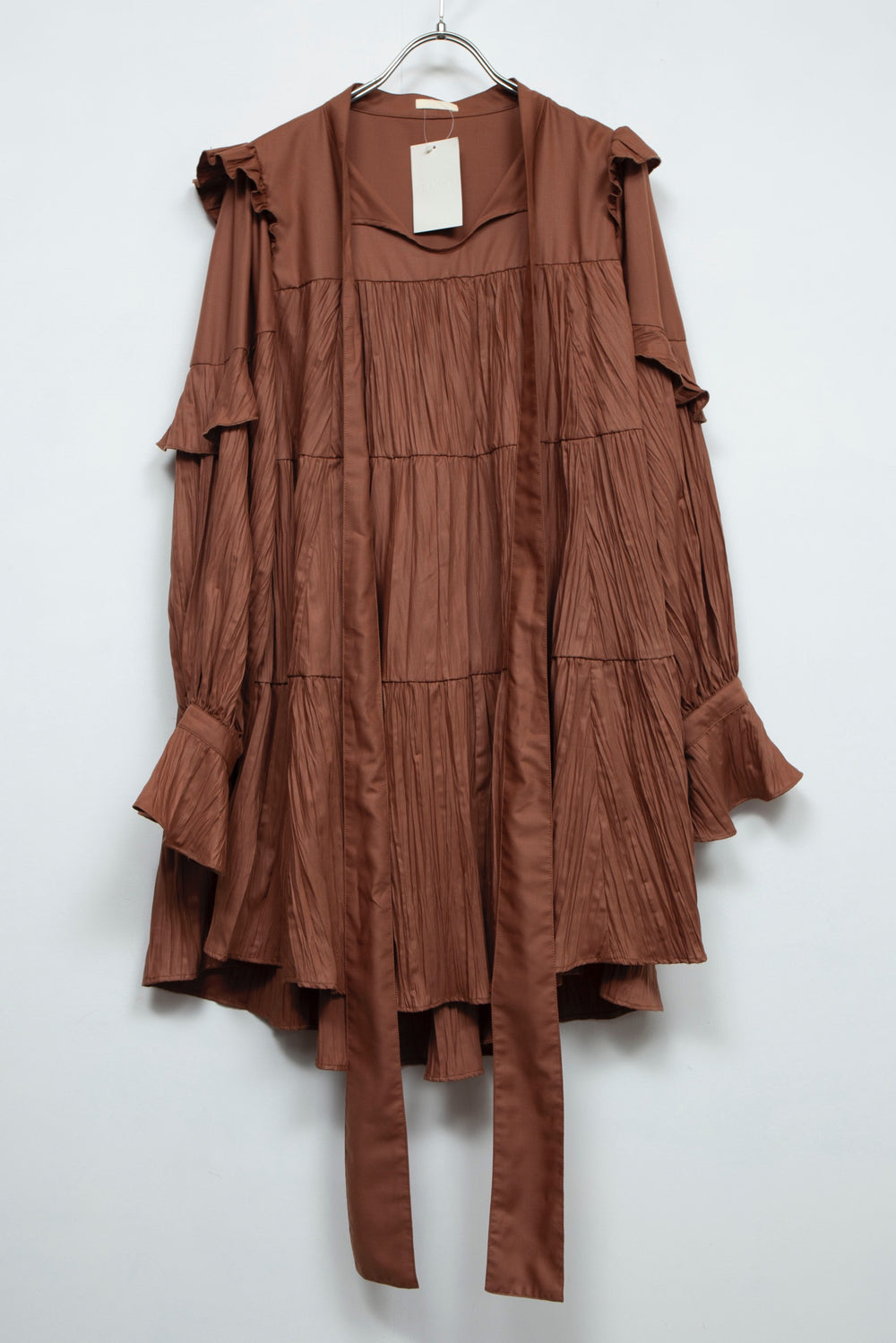 ritsu Ribbon tie crinkled mini dresscharcoal brown