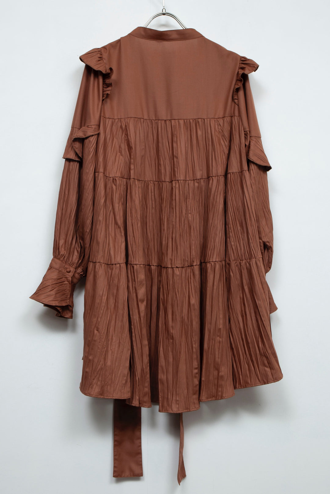 ritsu Ribbon tie crinkled mini dresscharcoal brown