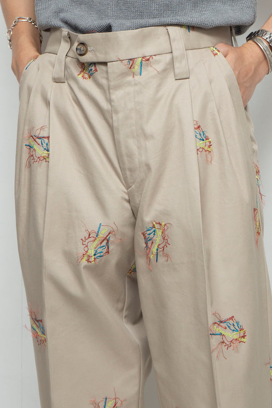 "MONSIUER" Original Embroidered Gabardine 3-Tuck Trousers