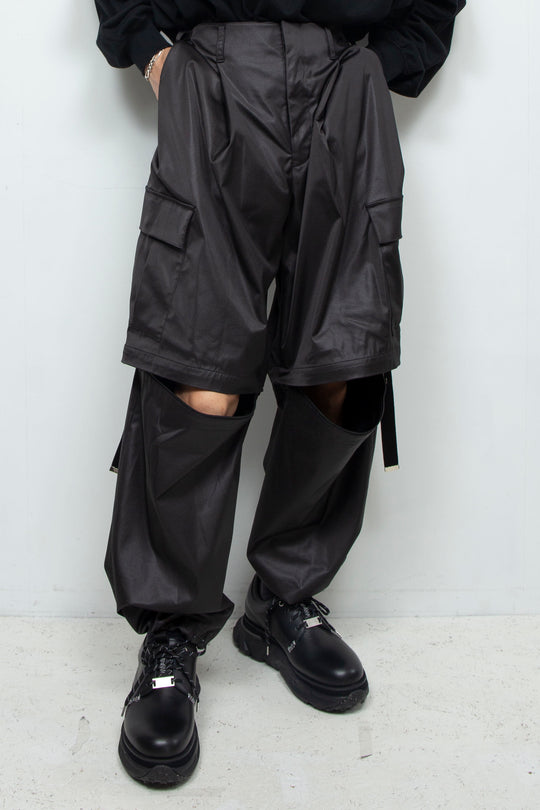 Fake-fake leather detachable cargo pants BLACK