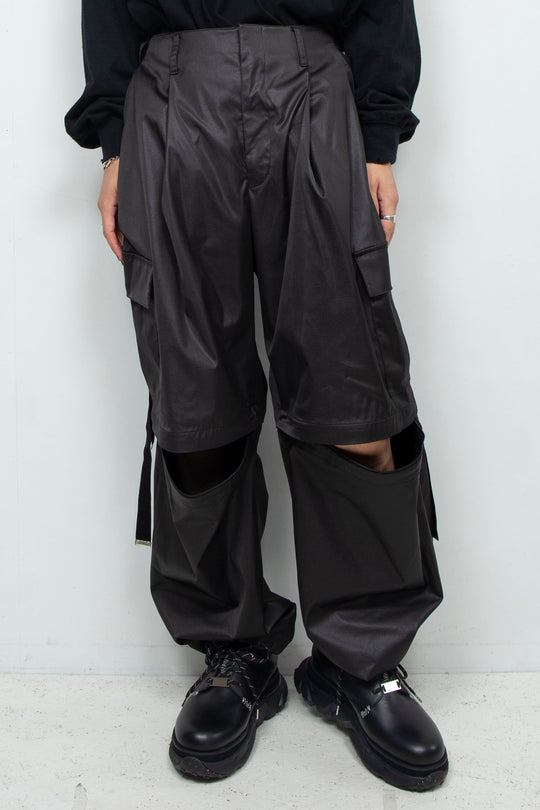 Fake-fake leather detachable cargo pants BLACK