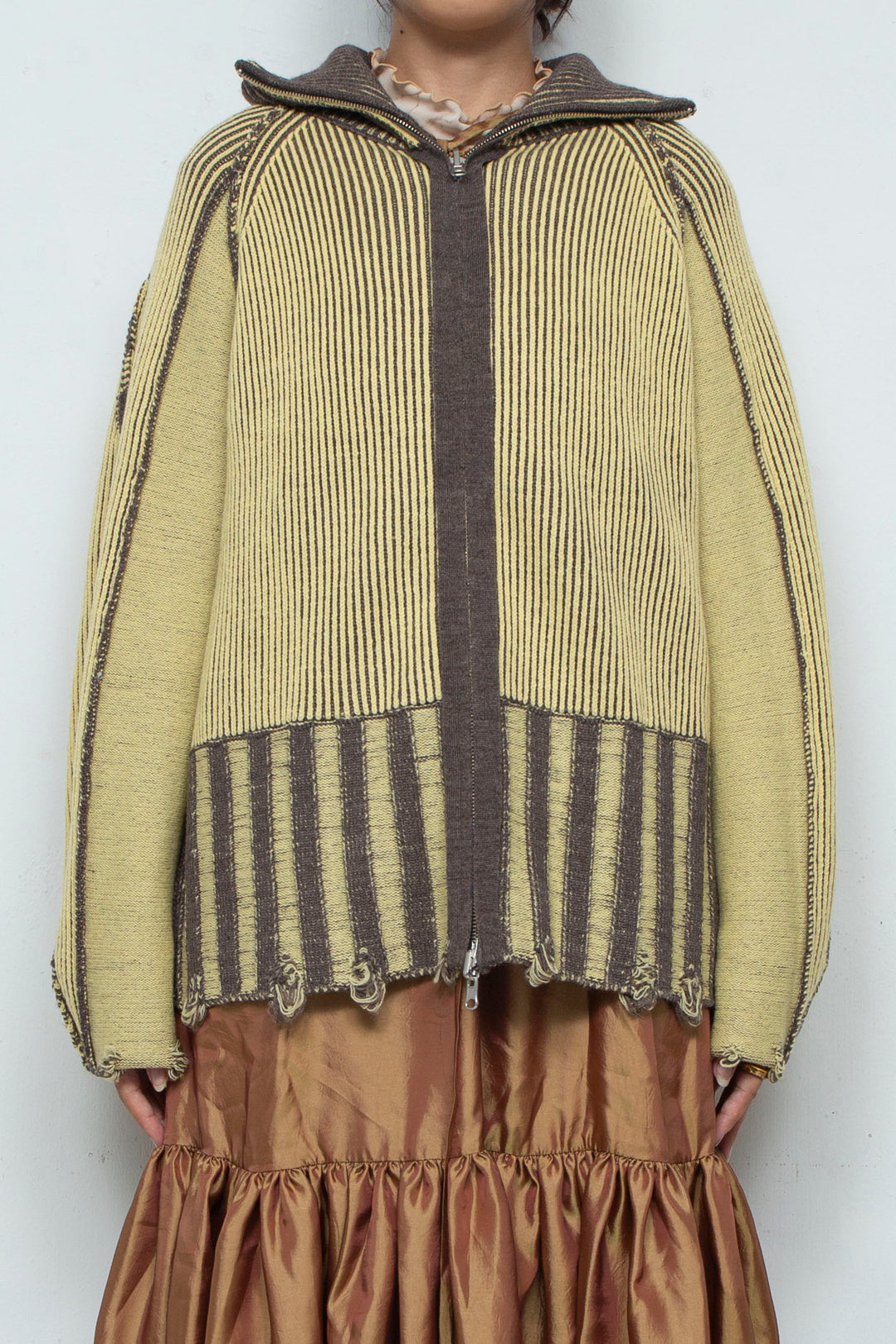 Reversible Zip knit coat Yellow×Brown